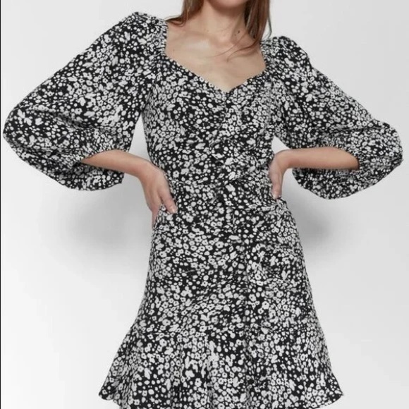 Zara Ruffle Ruched Mini Puff Sleeves Fit Flare Retro Floral Ditsy Cocktail Dress - Picture 4 of 13
